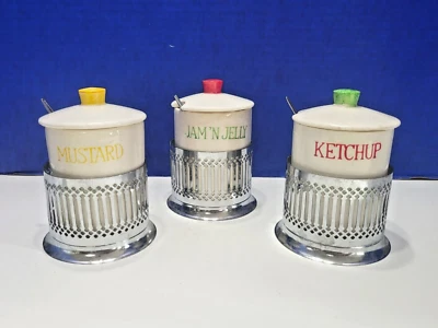 Midcentury Condiment Jars in Chrome Holder Bases with Spoons Set of 3 - Image 1 of 4