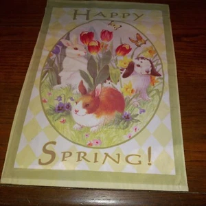 Bunnies Rabbits Butterfly Flowers Happy Spring  Garden Flag - Picture 1 of 5