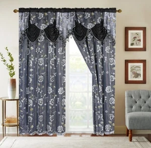 2PC FLOWER PRINTED DESIGN WINDOW CURTAIN SET ATTACHED VALANCE LONG CRYSTAL BEADS - Picture 1 of 8