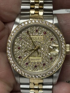 Factory Rolex Datejust Midsize 31 mm Watch 2 Tone Full Diamond Dial & Bezel - Picture 1 of 19