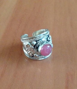 Anillo de piedra rosa de plata tibetana ajustable - Imagen 1 de 9