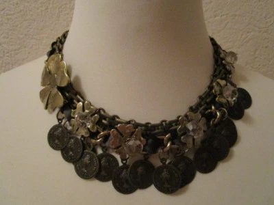 Collier Statement Blumen Strass Schwarz Grau Gold Groß Antik Optik - Bild 1 von 4