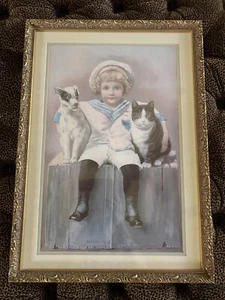 Estampado Victoriano Marinero Niño Perro Gato Mantener la Paz Profesionalmente Enmarcado 24 20 - Imagen 1 de 12