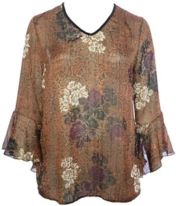 Top donna trasparente marrone floreale stampa animalier gessato oro polsino svasato collo alto plus - Foto 1 di 3