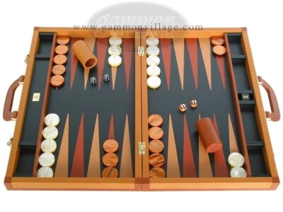 New 23" Zaza & Sacci Large Leather Backgammon Set – Tuscany Case w/ Black Field - Image 1 of 4