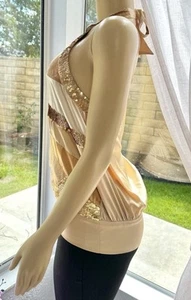 Bebe Gold Neckholder Seidentop Gr. S Small Bluse ärmellos Pailletten Spitze - Bild 1 von 11