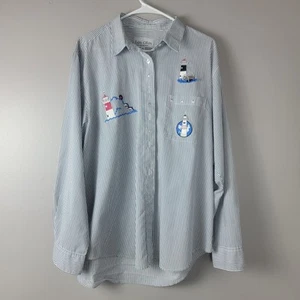 VINTAGE Las Olas Shirt White Stripe Embroidery Lighthouse Stars Button Up Sz XL - Picture 1 of 12