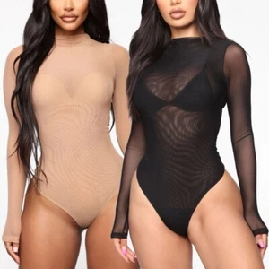 Sexy Women Sheer Mesh Bodysuit See-through Long Sleeve Leotard Top Black/Skin - Picture 1 of 4