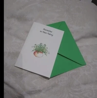 St Patrick's Day Cards x 10 Shamrock folded A6 green env w'colour look Patrick - Image 1 of 3
