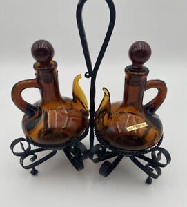 Vintage ART GLASS Oil/Vinegar Cruet Brown Amber 6" With Original Glass Stopper