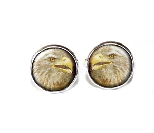American Bald Eagle USA Handmade Round Glass Metal Cufflinks Gift for Him - Picture 1 of 7