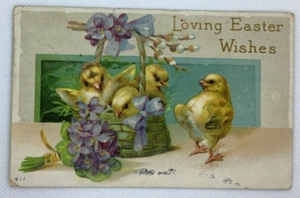 Postcard Loving Easter Wishes Chickens Chicks Basket Ribbons Flowers D153 - Bild 1 von 2
