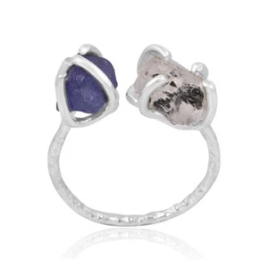 Sterling Silver Double Raw Stone Herkimer Diamond & Tanzanite Adjustable Ring - Picture 1 of 7