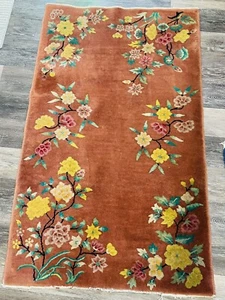 Antique Chinese Art Deco 1920s Coral Floral Wool Rug Size 3'x5' - Picture 1 of 6