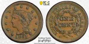 1851 Misaligned Die Obverse Error Braided Hair Large Cent PCGS XF 40 - Picture 1 of 4