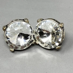 Glass Rhinestone Earrings Pierced Pointed Rivoli Silver Tone Large Stud .50" - Picture 1 of 9
