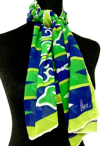 Women’s Vera Neumann Blue and Green Geometric Pattern Vintage Scarf - Picture 1 of 6