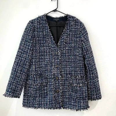 Ann Taylor Blazer Womens sz 12 Shimmer Fringe Tweed Jacket Blue Careerwear - Image 1 of 4