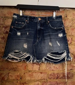 RIVER ISLAND Ripped Denim Mini Skirt 14 Biker Punk Rock Frayed Destroyed VGC - Picture 1 of 12