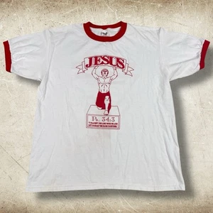 Vintage 90’s Y2K Jesus Puff Print Ringer T-Shirt Size Large Religion Faith Lord - Picture 1 of 10
