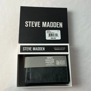 Steve Madden Genuine Leather Trifold Wallet Black 4”x3” - Picture 1 of 9