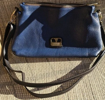 Valentina Navy Crossbody Pebbled Leather Purse 12x8x3" 2- Zipper + Snap Closure - Image 1 of 4