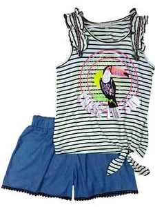 Girls Toucan Outfit Stripe Chase The Sun Shirt & Blue Chambray Shorts Set - Picture 1 of 1