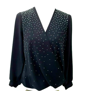 Blusa Alfani Top Mujer XS Negra Tachonada Sobrepelliz Manga Larga Carrera Informal Envoltura - Imagen 1 de 11