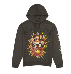 Ed Hardy Hoodie Exploding Skull Tattoo Rock Retro Gray Pullover Size M - Picture 1 of 9