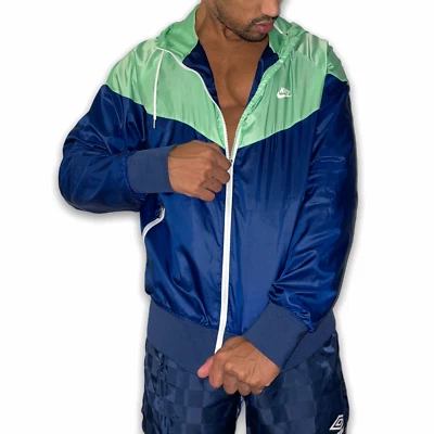 Veste Nike Vintage Rare Glanz Windrunner Windbreaker Verte Bleue En Nylon - Photo 1/4