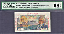Guadeloupe 5 Francs ND (1947-49) Serial # 70288 Pick-31 GEM UNC PMG 66 EPQ