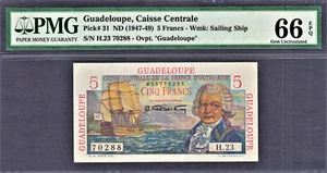 Guadalupe 5 francos ND (1947-49) serie # 70288 pick-31 gema unc pmg 66 epq - Imagen 1 de 2