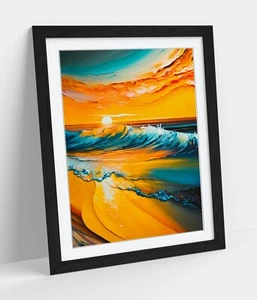 BEAUTFUL SUNSET SEASIDE WAVES DECOR FRAMED WALL ART PICTURE POSTER PRINT DECOR - Picture 1 of 10