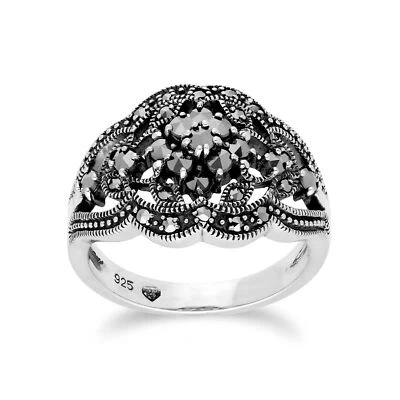 Art Nouveau Stile Rotondo Marcasite Grappolo Anello IN 925 Argento Sterling - Immagine 1 di 4