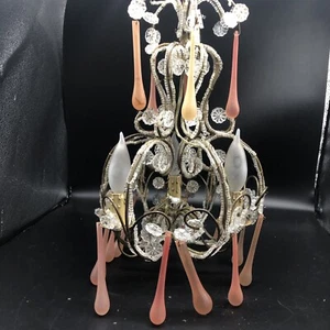 Italian Antique Petite Beaded Brass and Cut Pink Tear Drop BlownGlass Chandelier - Picture 1 of 13