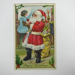 Christmas Postcard Santa Holds Little Girl Bags Toys Gold Embossed Antique 1912 - Picture 1 of 12