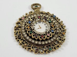 Vintage Reversible Pendant Clock Layered Rhinestones Gold Tone Black 4 REPAIR - Picture 1 of 8