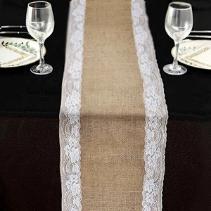 14" x 104" NATURAL WHITE Burlap Lace Trim TABLE RUNNER Party Events Decorations - Picture 1 of 7