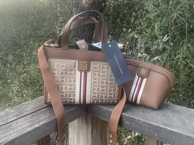 NWT Tommy Hilfiger Mini Tote Handbag Crossbody Monogram Logo Brown Tan White - Image 1 of 4