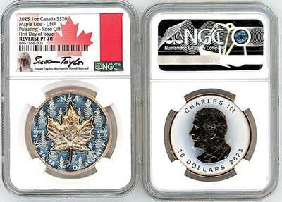 2025 $20 Canada MapleLeaf UHR Pulsating Rose Gilt Rev PF70 NGC FDOI SusanTaylor - Image 1 of 3