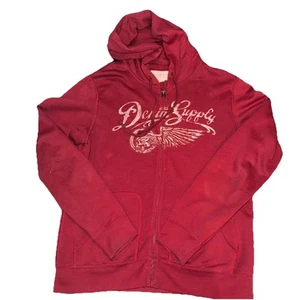 Vintage Ralph Lauren Denim & Supply Red Zip Hoodie Skull Wheel Wing Mens Size L - Picture 1 of 7