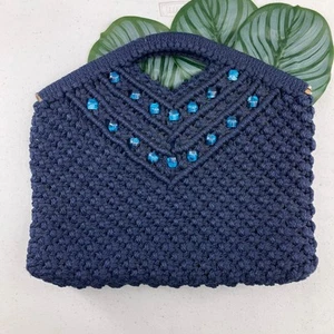 Vintage 1970's Blue Knotted Macrame Beads Lined Hinged Hand Clutch Bag Purse - Picture 1 of 9