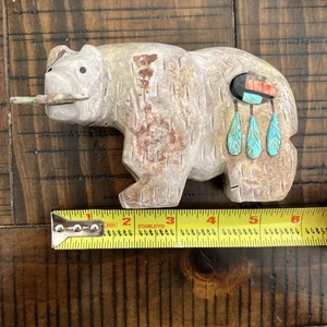 MAGNIFICA GRANDE SCULTURA ORSO FETISH IN PIETRA SCOLPITA FIRMATA ZUNI ~ 5,5” - Foto 1 di 14