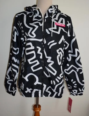 New Womens Members Only Keith Haring Jacket Medium Black White Red Heart Hooded - Image 1 of 3