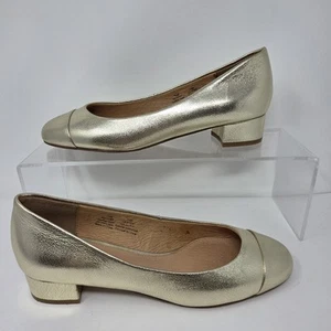 Halogen Vivian Metallic Gold Women's 7.5 Leather Loafer Block Heels Round Toe - Picture 1 of 10