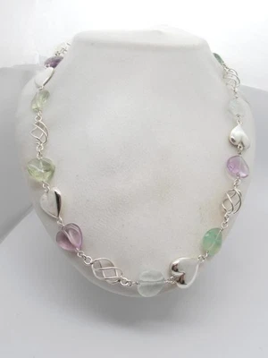 Collana in Argento 925 con Cuori in Fluorite Naturale - Girocollo Pietre Dure - - Immagine 1 di 4
