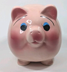 Hucha grande vintage de mediados de siglo de cerámica con vientre grueso ojos grandes rosa - Imagen 1 de 5