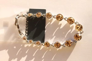 7 1/2" Peach Rhinestones, Bright Alloy Silver Bracelet Fashion Jewelry - Picture 1 of 1