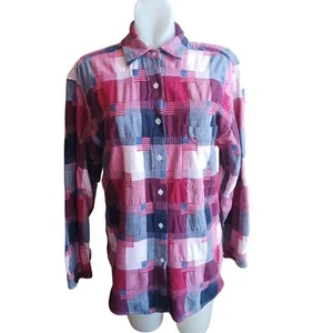 Vintage 1990s Womens Flannel Shirt Large Embroidered American Flag Plaid Red L - Picture 1 of 8