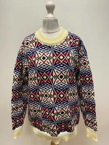 Y666 WOMENS UNBRANDED BEIGE BLUE LONG SLEEVE ROUND NECK WOOL JUMPER UK 12 EU 40 - Picture 1 of 3